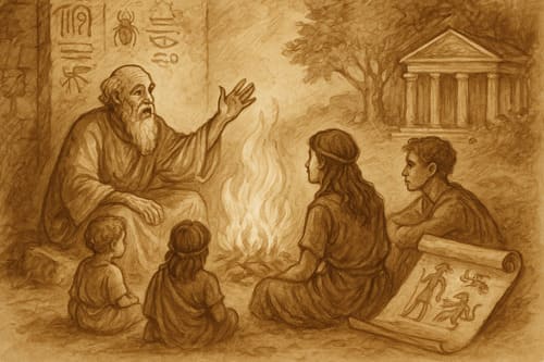 Escena de narración oral en una cultura antigua, simbolizando el origen tradicional de los mitos.