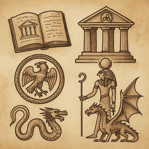 Ilustración simbólica de culturas antiguas y elementos mitológicos representando el origen y función de los mitos.